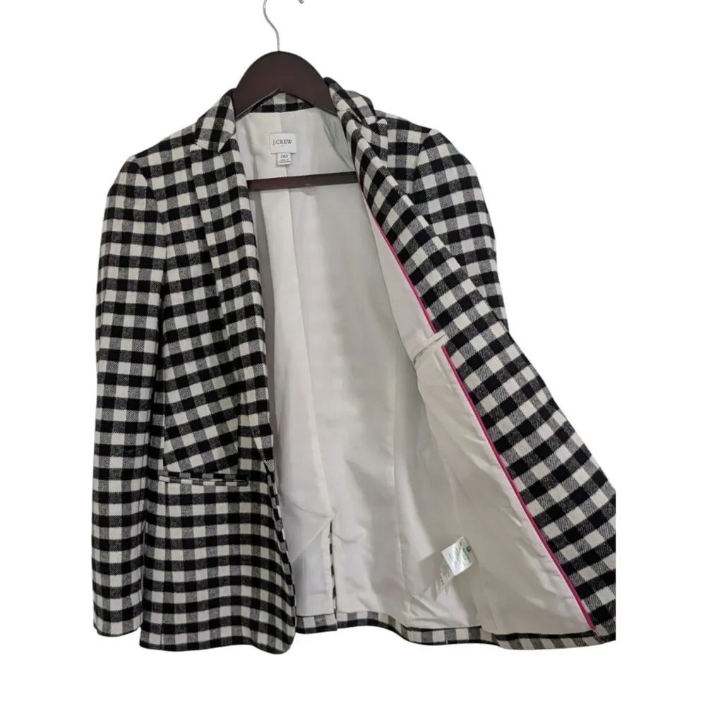 J. Crew Wool-blend one-button blazer Buffalo Check Style BB394 Sz 00 Ivory Black